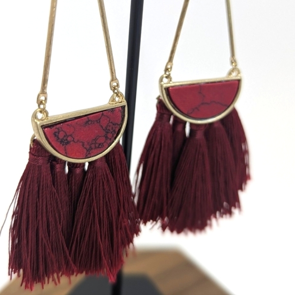 Vintage Burgundy Tassel Statement Earrings Boho Chic Jewelry - Picture 4 of 8